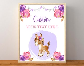 Floral Horse Personalized Sign, Pink and Purple Floral Pony Custom Sign, Pink Floral Horse Birthday Party Decorations, Instant Printable