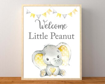 Pinda-bordje, bord olifant welkom baby, babyshower gele olifant, genderneutraal babyshower, babyshower olifant, afdrukbaar