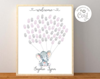 Elephant Baby Shower Guest Book Sign, Corjl Editable Template, Elephant Thumbprint Guest Book Sign, Pink, Instant Download Printable