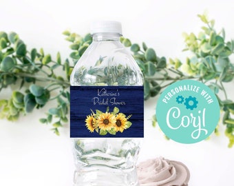 May include: A clear water bottle with a label featuring sunflowers and the text "Katherine's Bridal Shower" on a navy blue wood-grain background. The label also includes a floral design.