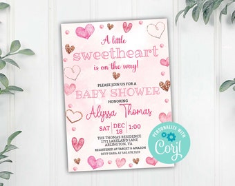 Heart Girl Baby Shower Invitation, A Little Sweetheart is on the Way, Pink and Rose Gold Hearts, Corjl Editable Template, Printable Download