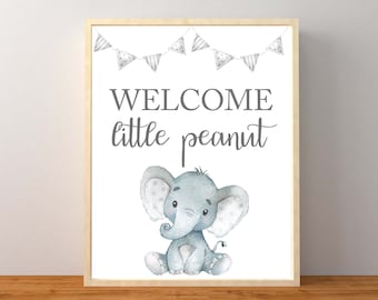 Welkom kleine pinda-bordje, welkom babybordje, grijze olifant babyshower, genderneutrale babyshower, babyshower olifant, afdrukbaar