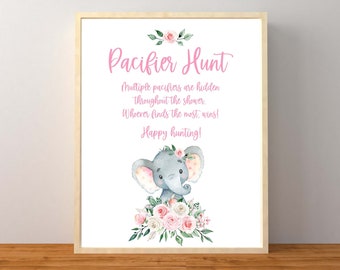 Elephant Pacifier Hunt Game, Pacifier Hunt, Pacifier Hunt Sign, Pacifier Hunt Baby Shower Game, Pink Elephant Baby Shower, Instant Printable