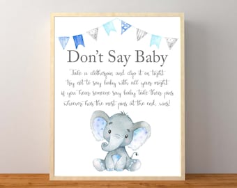 Elephant Don&#39;t Say Baby Game, Blue Boy Elephant Baby Shower Game, Elephant Clothespin Game, Don&#39;t Say Baby Sign, Instant Download Printable