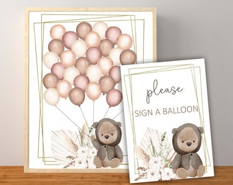 Brown Teddy Bear Guest Book Sign, Gender Neutral Bear Baby Shower Balloon Tabletop Sign, Bear Guest Signs, Instant Download Printable