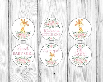 Adornos para cupcakes con forma de jirafa, baby shower con flores para niña, jirafa con flores rosas, decoraciones para baby shower con forma de jirafa rosas, descarga instantánea imprimible