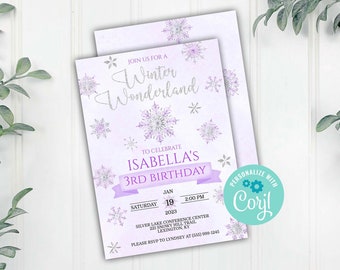 Girl Snowflake Winter Wonderland Birthday Invitation, Purple Snowflake Party, Corjl Editable Invitation Template, Instant Download Printable