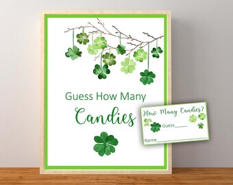 St Patrick's Day Guess How Many Candies Game, St Patricks Day Decorations, Shamrock Candy Guessing Game, Clover, Instant Download Printable