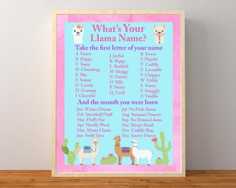 May include: A pink and blue printable chart with a llama illustration. The chart features a llama name generator based on the first letter of your name and the month you were born. The chart includes text such as "What's Your Llama Name?" and "Take the first letter of your name".