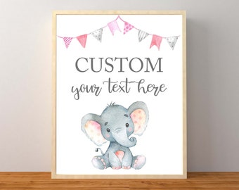 Pink Elephant Custom Sign, Elephant Personalized Sign, Elephant Baby Shower Decorations, Pink Girl Elephant, Instant Download Printable