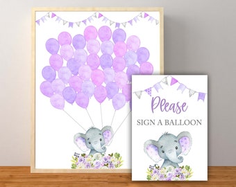 Guest Book Sign, Floral Elephant Guest Book Sign, Purple Elephant Baby Shower, Elephant Balloon Sign, Lavender, Instant Download Printable