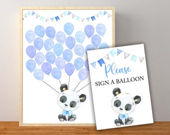 Panda Guest Book Sign, Panda Baby Shower, Blue Panda Bear Guest Sign, Panda Balloon Sign, Panda Birthday Party, Instant Download Printable