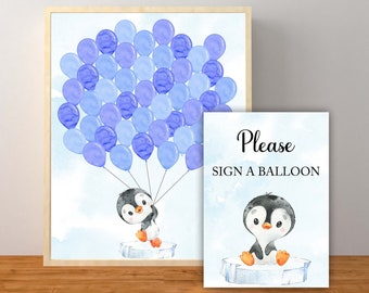 Blue Penguin Guest Book Sign, Boy Penguin Baby Shower, Penguin Thumbprint Balloon Sign, Penguin Decorations, Instant Download Printable