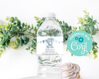 Elephant Baby Shower Water Bottle Labels, Editable Water Bottle Labels, Elephant Labels, Corjl Editable Template, Instant Download Printable