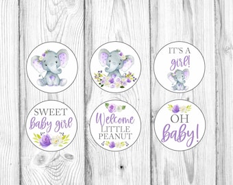 May include: A collection of six round stickers with a baby shower theme. Each sticker features a gray elephant with purple accents and floral details. Text includes "It's a girl!", "Sweet baby girl", "Welcome little peanut", and "Oh baby!"