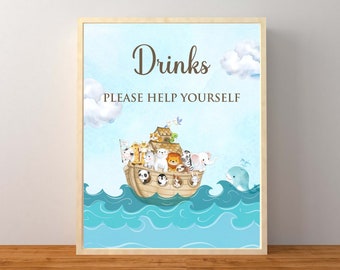 May include: A blue and white sign with the text "Drinks Please Help Yourself" and a cartoon illustration of a wooden ark with animals on a blue ocean background.