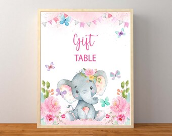 Pink Elephant Gift Table Sign, Floral Elephant, Butterfly, Girl Elephant Baby Shower Decorations, Table Sign, Instant Download Printable