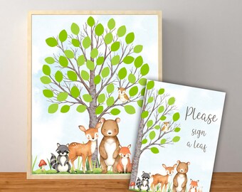 Woodland Gender Neutral Baby Shower Segno del libro degli ospiti, Alternativa al libro degli ospiti, Segno del libro degli ospiti dell'albero del bosco, Ragazzo, Download istantaneo stampabile