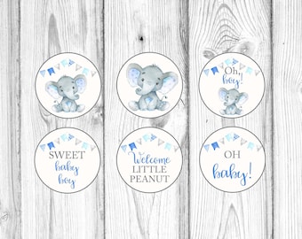 Può includere: Sei adesivi rotondi blu e bianchi per una festa di baby shower con una simpatica illustrazione di elefante grigio e testo. Gli adesivi dicono "Sweet baby boy", "Oh baby!" , "Welcome little peanut", "Oh! boy!" e due adesivi con solo l'illustrazione dell'elefante.