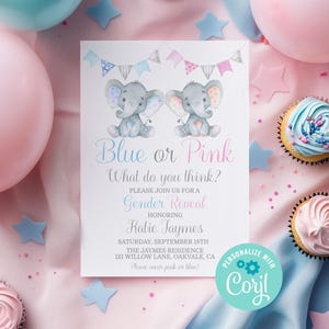 Elephant Gender Reveal Invitation, Elephant Invitation, Gender Neutral Baby Shower, Corjl Editable Template, Instant Download Printable