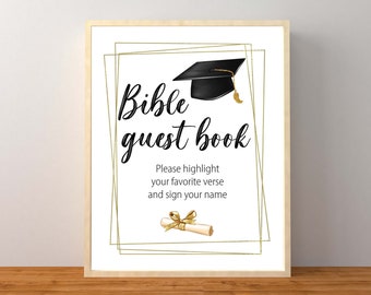 May include: A printable sign with a gold frame and a black graduation cap. The text reads "Bible guest book" and "Please highlight your favorite verse and sign your name".