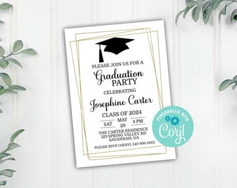 May include: A black and gold graduation party invitation with a black graduation cap icon. The invitation is for Josephine Carter, Class of 2024, and is being held on Saturday, May 29th at 4 PM at The Carter Residence, 123 Spring Valley Rd, Savannah, GA. Please RSVP to Cheryl at 540-999-0001.