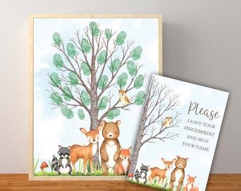 Libro degli ospiti per baby shower Woodland, unisex, con impronte digitali, alternativa al libro degli ospiti, libro degli ospiti con albero, download immediato e stampabile