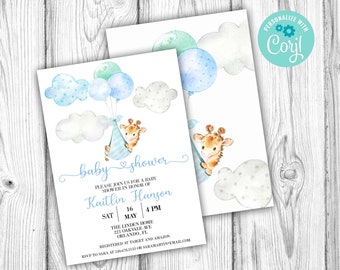 Giraffe Baby Shower Invitation, Blue Giraffe Invitation, Editable Invitation, Corjl Editable Template, Baby Boy, Instant Download Printable
