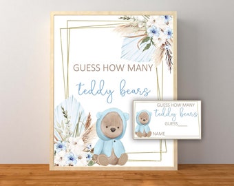 Oso azul Adivina cuántos juegos y cartas de osos de peluche, Decoraciones de baby shower de niño oso, Juego de adivinanzas de caramelos de oso, Descarga instantánea imprimible