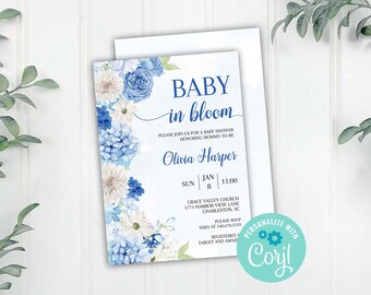 Blue Baby in Bloom Boy Baby Shower Invitation, Blue Boy Floral Invitation, Blue and White Wildflowers Boy Invite, Corjl Editable Template