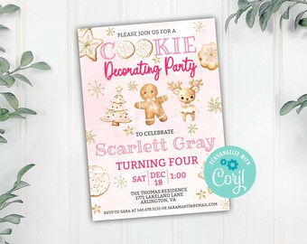 May include: Pink and gold invitation for a cookie decorating party to celebrate Scarlett Gray turning four. The invitation features a gingerbread man, a reindeer, and a Christmas tree. The party is on Saturday, December 18th at 1:00 PM. The address is 1771 Lakeland Lane, Arlington, VA. RSVP to Sara at 540.678.3133 or saramartinemail.com.