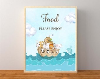 May include: A blue and white sign with the words "Food Please Enjoy" and a cartoon illustration of a boat with animals on it.
