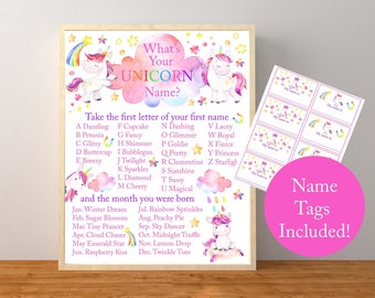 Unicorn Party, Unicorn Name Game, What's Your Unicorn Name, Unicorn Party Activity,  Unicorn Activity, Birthday, Instant Download, Printable