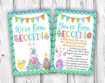 May include: Two printable signs for an Easter egg hunt. The signs are decorated with colorful Easter eggs, chicks, and bunnies. The text on the signs reads "We've Been Egged!" and "You've Been Egged! A little bunny has come to town, leaving special treats which you have found!"