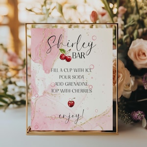 Shirley Bar Sign, Beverage Drink Station, Make Your Own Cherry Mocktail Signature Drink Menu, Pink and Gold, Instant Download Printable