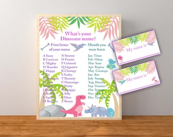Puede incluir: Un gráfico imprimible con un tema de jungla rosa y verde. El gráfico tiene una lista de nombres de dinosaurios basados en la primera letra de tu nombre y el mes en que naciste. Hay dos etiquetas de nombre en blanco con el texto "My name is" en ellas.
