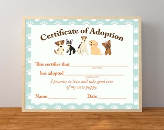 Adopt a Puppy Printable, Boy Puppy Party, Puppy Birthday Party, Puppy Certificate of Adoption, Dog Decorations, Adopt a Dog, Printable