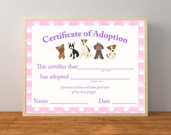 Adopt a Puppy Printable, Girl Puppy Party, Puppy Birthday Party, Puppy Certificate of Adoption, Dog Decorations, Adopt a Dog, Printable