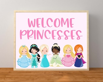 Princess Birthday Party, Princess Party Sign, Welcome Princesses Sign, Princess Decorations, 10x8 inch and 20x16 inch, Instant Printable