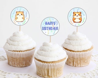 Toppers per cupcake a forma di criceto, graziose decorazioni per feste di compleanno a forma di criceto, etichette circolari per feste di compleanno a forma di criceto blu, download immediato stampabile