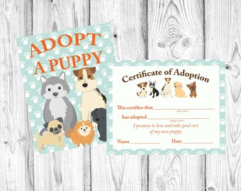 Adopt a Puppy Sign, Blue Boy Puppy Birthday Party, Puppy Certificate of Adoption, Dog Decorations, Adopt a Dog, Instant Download Printable