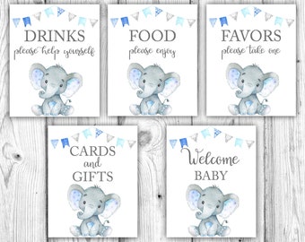 Blue Elephant Baby Shower Bundle, Elephant Tabletop Sign Printables, Boy Elephant Baby Shower Decorations, Instant Download Printable