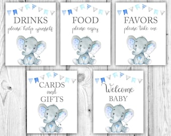 Blue Elephant Baby Shower Bundle, Elephant Tabletop Sign Printables, Boy Elephant Baby Shower Decorations, Instant Download Printable