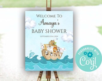 Noah's Ark Welcome Baby Shower Sign, Noahs Ark Decorations, Gender Neutral Baby Shower, Corjl Editable Template, Printable Download