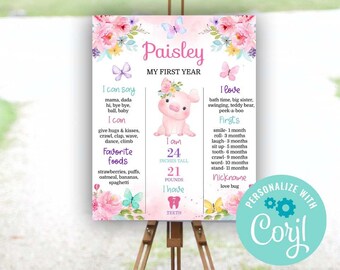 May include: A pink and green first birthday milestone poster with a pig illustration. The poster includes the name Paisley, the child's age, height, weight, and milestones. The poster is decorated with butterflies and flowers.