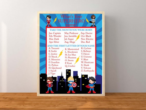 Superhero Party Sign What's Your Superhero Name Sign Superhero Birthday  Superhero Name Game Superhero Party 8x10 Printable DIGITAL 