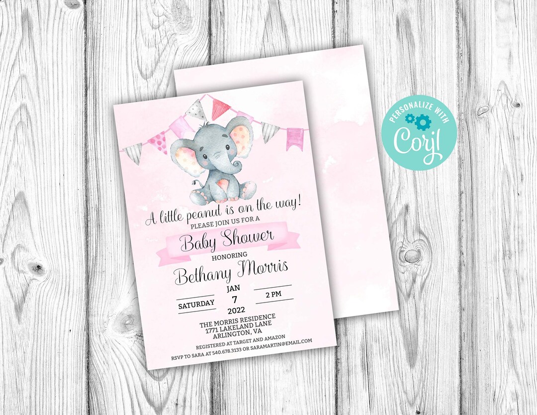 Pink Elephant Baby Shower Invitation, Girl Elephant Editable Invitation ...