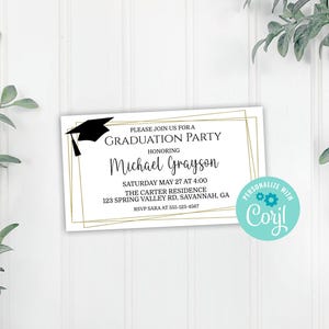 Uitnodiging voor afstuderen feestkaart invoegen, bewerkbare afstuderen open huis informatie invoegen, Corjl bewerkbare sjabloon, afdrukbare download