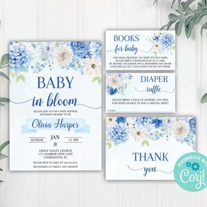 Blue Baby in Bloom Boy Baby Shower Invitation Set, Floral Boy Blue Invitation Bundle, Blue Wildflower Boy Invite, Corjl Editable Template
