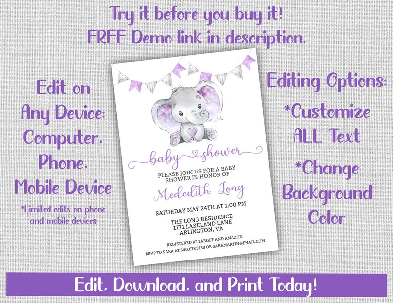 Purple Elephant Baby Shower Invitation Girl Elephant Etsy